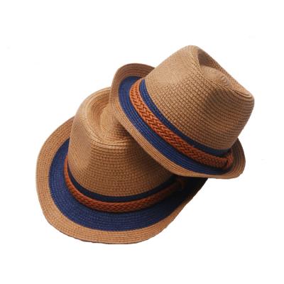 China Unisex Summer Striped Panama Foldable Fedora Straw Hat For Kids Short Brim Beach Sun Hat for sale