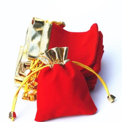 China Wholesale Red Safety Promotion Gold Drawstring Velvet Bag Jewelry Gift Pouch For Women Wedding Bridal Gift for sale