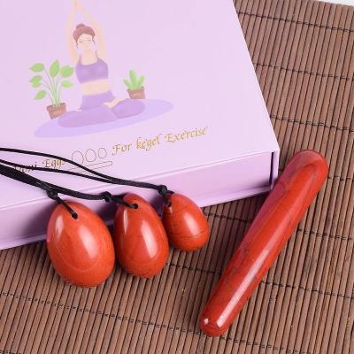 China Folk Art 100% Jasper Crystal Jade Natural Drilled Red Yoni Egg 3 Sizes & Massage Stick Gift Set For Women Pelvic Muscle Trainings for sale