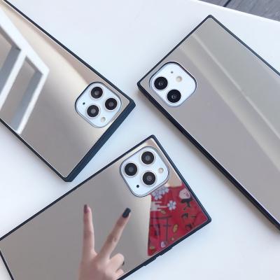 China Shockproof Phone Case Makeup Mirror Luxury Square Tempered Glass Tpu Phone Case For Iphone 11 pro max for sale