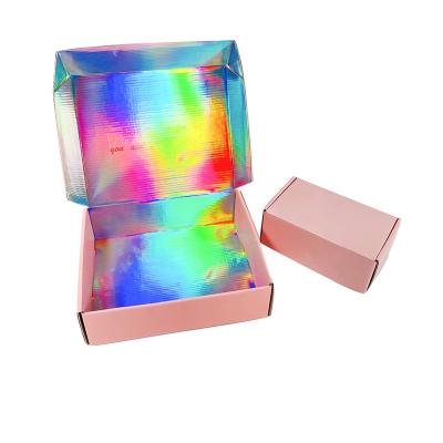 China Custom Light Pink Recyclable Eco Friendly Luxury Mailer Holographic Corrugated Corrugated Mailing Shoe Box For Clothes for sale