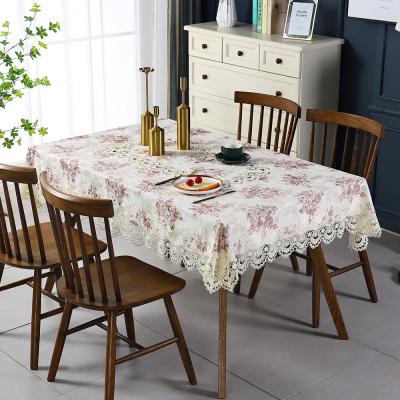 China European Waterproof Floral Embroidery Design Dining Wedding Party Lace Edge Rectangle Tablecloth Table Cover Fabric for sale