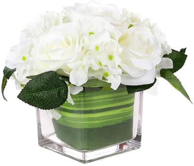 China Artificial Silk Rose Flower Centerpiece Indor Decoration Arrangement in Vase for Home Wedding Decoration (White) for sale