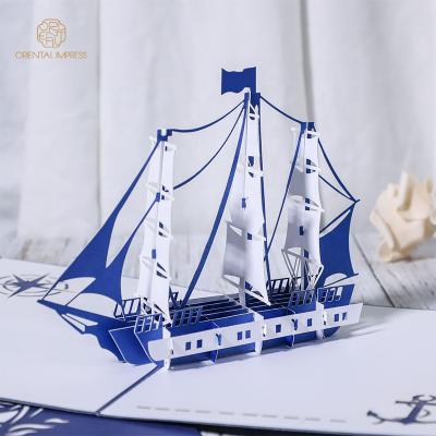 China Universal 2022 Custom Luxury Blue 3D Sailing Boat Folded Greeting Cards Handcrafted for sale