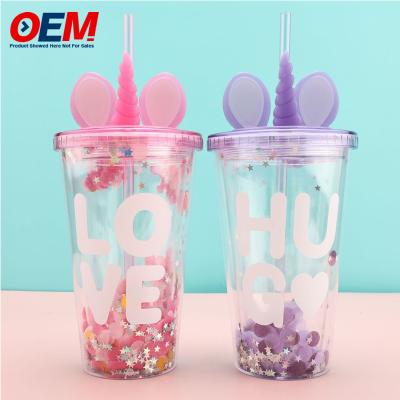 China Op maat gemaakte PP Double Wall Cup met stro OEM 450ml Plastic Cup Made High Quality Cute Unicorn Water Cup Te koop