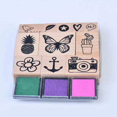 China Environmental friendly quality guaranteed 11 wooden stamps with 3 ink pads customized eco-friendly kids wooden stamp toy for sale