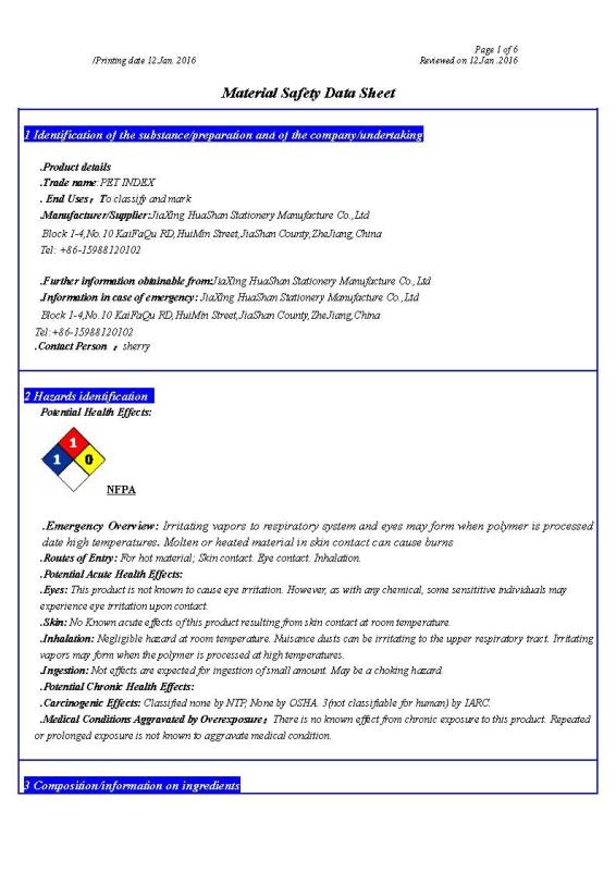 MSDS report for PET - Shanghai Dongwen Industry Co. Ltd.