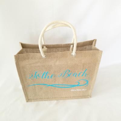 China Promotional Custom Natural Jute Bag Logo Handled With Inner Lamination For Beach for sale