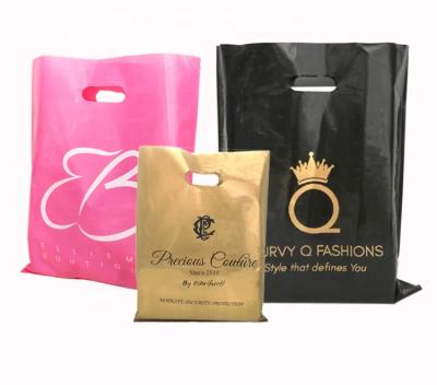 China Sturdy Customize Durable White Die Cut Handled Plastic Shopping Bags With Golden Logo for sale