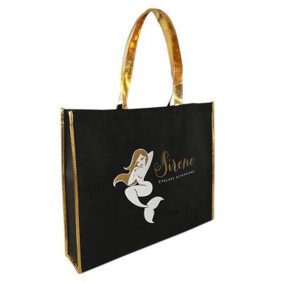 China Black Handled PP Nonwoven Shopping Bags With Gold Handle Custom Logo For Promotion for sale