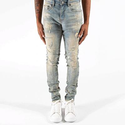 China Custom Waterproof Waterproof Denim Pants Whitewash Colored Stone Waist Paint Washskinny Jeans Men Fit Straight Leg Tops for sale