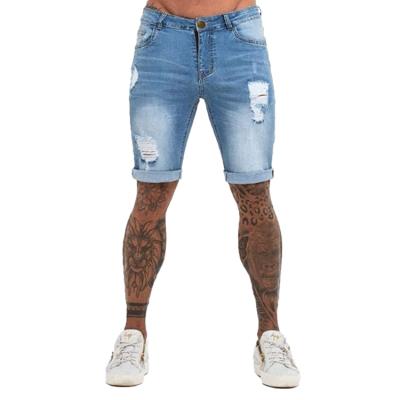 China Custom Made Breathable Summer Breathable Plus Size Blue Distressed Jean Shorts With Logo For Men Ripped Denim for sale