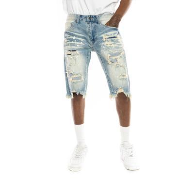 China OEM Logo Cotton Fashion Mens Light Blue Anti-wrinkle Fade Tassel Distressed Denim Shorts Custom Anti-wrinkle Jeans Shorts for sale