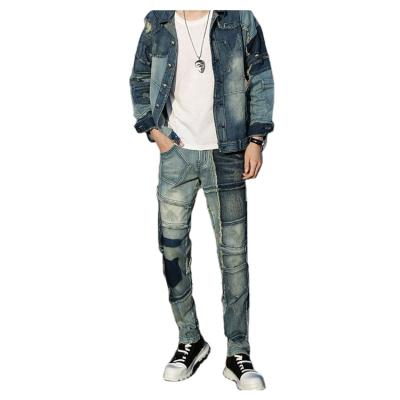 China Custom Made Patchwork Vintage Print And Patchwork Jean Jacket Cargo Thin Jeans For Men for sale