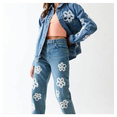 China 2022 Summer Breathable Women Denim Printing Two Piece Jacket With Pants Set For Female for sale