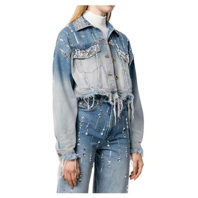 China Women's Rhinestone Breathable Jean Jacket Two Piece Set Cropped Denim Suit for sale