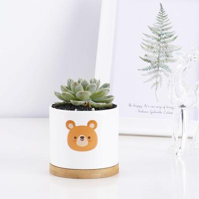 China Durable Porcelain Monkey Elegant White Glazed High Quality Ceramic Flower Pot With Bamboo Trays for sale