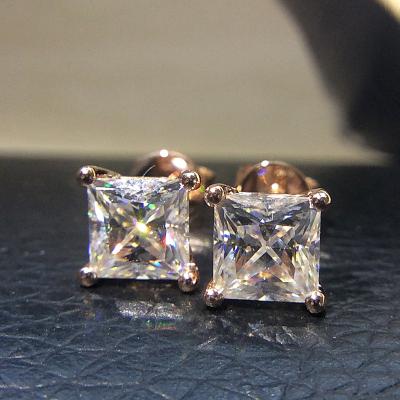 China CLASSIC Genuine Trial Positive Princess Cut Diamond Earrings For Women 14K 585 Rose Gold Screw Back 2.0Carat 4ctw for sale