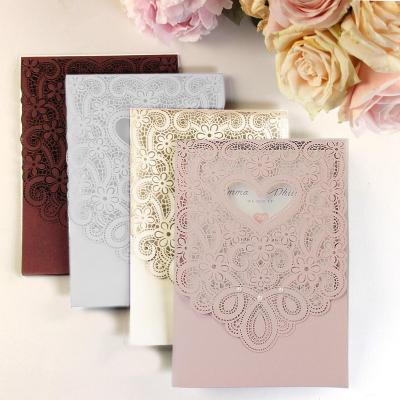 China Recycled Materials Custom Printing Luxury Hollow Gold Foil Paper Greeting Cards Lace Flower Wedding Invitation Card for sale