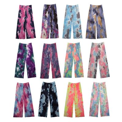 China Tie Dye Madame Office Pants Women Waist Floor Length Breathable Pants High With Pocket Road Tubu Ant Cloth Elegant Wide Leg Western Trousers for sale