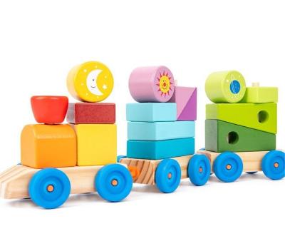 China New Style Preschool Educational Kindergarten Educational Cartoon Colored Wooden Irregular Shape Stacking Montessori Train Set for sale