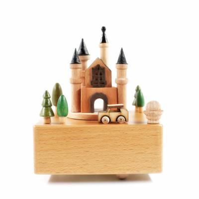 China Wooden Wooden Music Box Operated City Hand Crank Beautiful Sky Carousel Castle Musical Box For Present for sale