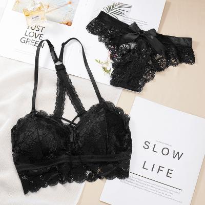 China Embroidery viable hollow lingerie suggest women's underwear set sexy beauty back bra lace up pump bras and panty sets for sale