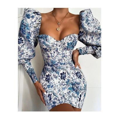 China Hot Selling Washable Square Puff Collar Long Sleeve Floral Print Wrap Elegant Princess Casual Dress for sale