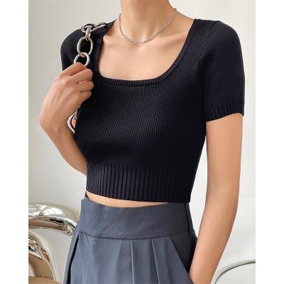 China QUICK DRY INS of Bloggers Square Collar Elegant Short Belly Exposure European and American Thin Short Sleeved Stretch Knit Top for sale