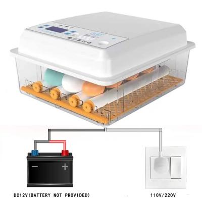 China 110V/220V/12V and multi-function fully automatic double power mini chicken egg incubator, 64 eggs hatching establishment machine for sale