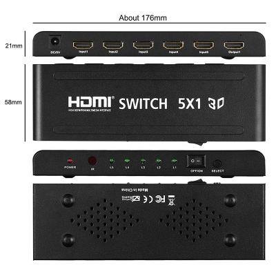 China PVC Xput 5 In 1 Out HDMI Video Switcher 5x1 HDMI 5 Ports Switch 5x1 60Hz for sale