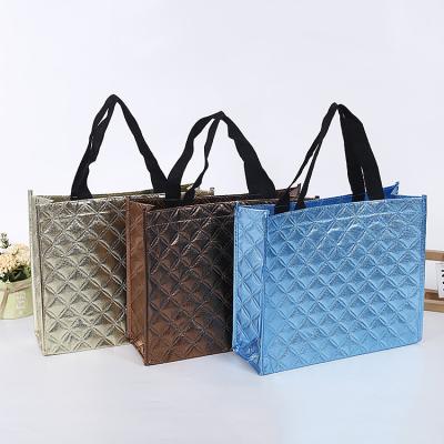 China New Fashion Laser Lamination Gold Silver Coating Eco-friendly Reusable Nonwovens Foil Shopping Tote Bag Handle Package Eco-friendly for sale