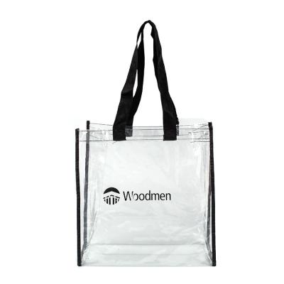 China Wholesale Recyclable Customized Portable Reusable Clear Logo PVC Grocery Shopping Tote Bag Good Looking With PP Strap Handle for sale