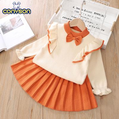 China Wholesale Soft Conyson 2021 Winters Pleated Bow Half Knot 2Pcs Set Latest Korean Soft Babies Sweater With Dress for sale