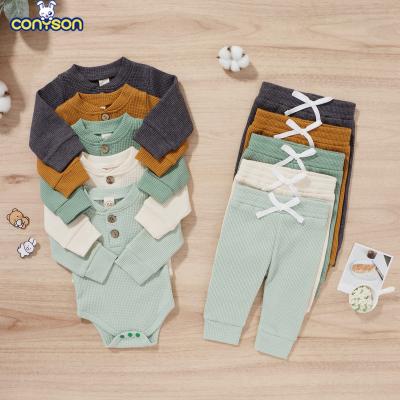 China High Quality Conyson Cotton Autumn Long Sleeve Infant Waffle Breathable Support Collar Baby Kid Clothes Set 2Pcs New for sale