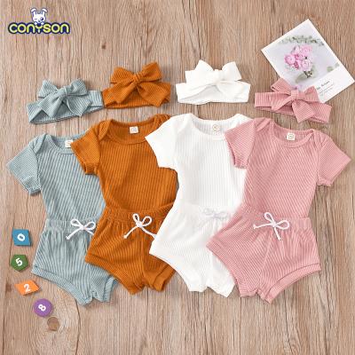 China Conyson New Hot Sale Designer Casual Casual Baby Girls Clothes Teams Cotton Summer Kids Short Sleeve T-Shirts+Shorts+Headband Clothing Set for sale