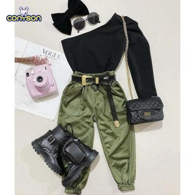 China Fashion Autumn Kids Girls Clothes Sets Casual Conyson 2pcs One Shoulder Solid Long Tops Elastic Pants Outfits Children Clothing for sale