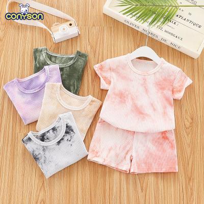 China Conyson boutique anti-static baby striped lovely two pieces summer anti-static hot selling outfits tie dyed wear girls summer clothing set for sale