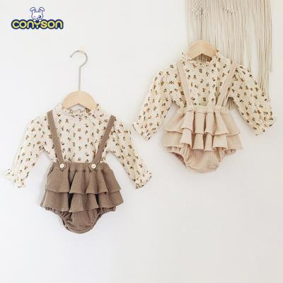 China Conyson Breathable Vintage Baby Casual Clothes Sets Floral Spring Cotton Blouse Shirt Romper Dress Newborn Baby Clothes Sets for sale