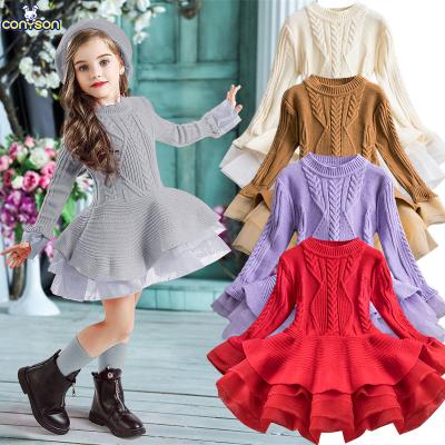 China Conyson Autumn Winter Thick Warm Girls Anti-Static Dress Christmas Party Long Sleeve Knitted Flower Children Sweater Dresses for sale