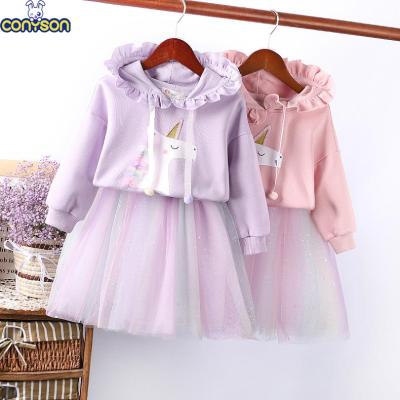 China Conyson Sale Cartoon Princess Ruffled Cute Hoodie Girls Dress Pony Long Sleeve Mesh Stitching Rainbow Skirt Breathable Hot Girls Dress for sale