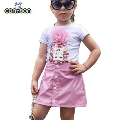 China Casual Short Sleeve Anti-Static Shell Toddler Kids Baby Girl Summer Soft Clothes PU Skirt Outfits Set for sale