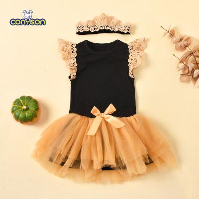 China Vintage Conyson Late Summer Children's 3Pcs Clothing Wings Sleeveless Girls Headband Onesie Tutu Baby Dress Skirts Sets for sale