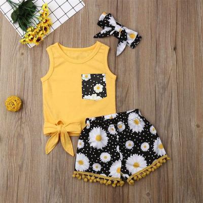 China Anti-pilling summer baby anti-pilling clothes invest print sleeveless shorts and hair band suit clothes for sale