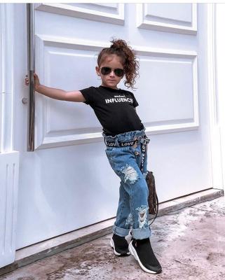 China Cotton Summer Letter T-shirt Button Hole Denim Pants Belt Girls 2pcs Black Printed Equipment Set Anti-pilling Anti-pilling for sale