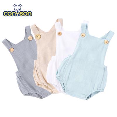 China Pure Breathable Conyson Suspenders Triangle Canvas Rompers Summer Breathable Bodysuit Wholesale Eco-Friendly Substantial Summer Button Color Girls Toddlers for sale