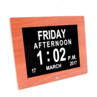 China Dementie Klok Calendars 8 Inch External Wooden Frame Color Calendar Clock Dementia Day Digital Alarm With Photo Frame Clock for sale