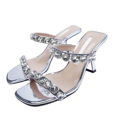 China 2021 Summer Women's Breathable Sandals Fashion Elegant Silver Rhinestone Elegant Shoes Square Toe With High Heels Sandals for sale