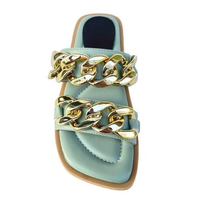 China Fashion trend wholesale new custom spring women's slippers thick metal chain buckle outside wear fashion flat sandals for sale