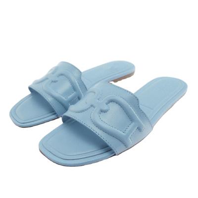 China 2022 summer fashion trend new simple casual women's slippers lightweight and comfortable blue crown flat leather flat sandals for sale